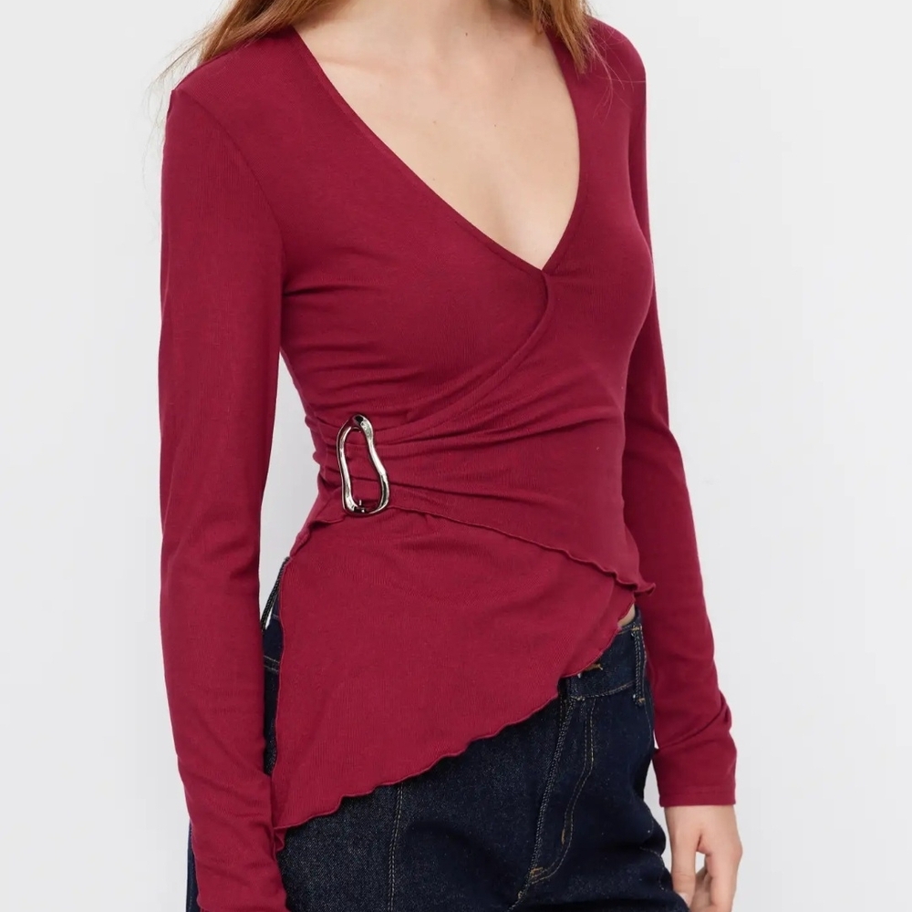 Cider Deep Red Asymmetric Wrap Blouse